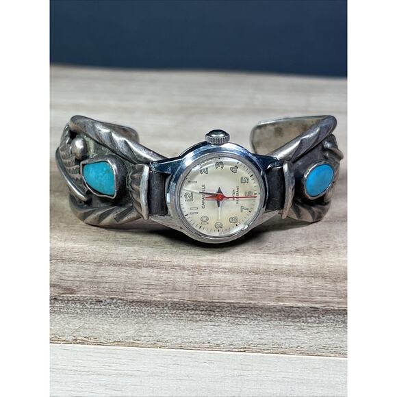 Vintage Native American Navajo Sterling Cuff Bracelet Oval Blue Turquoise Watch